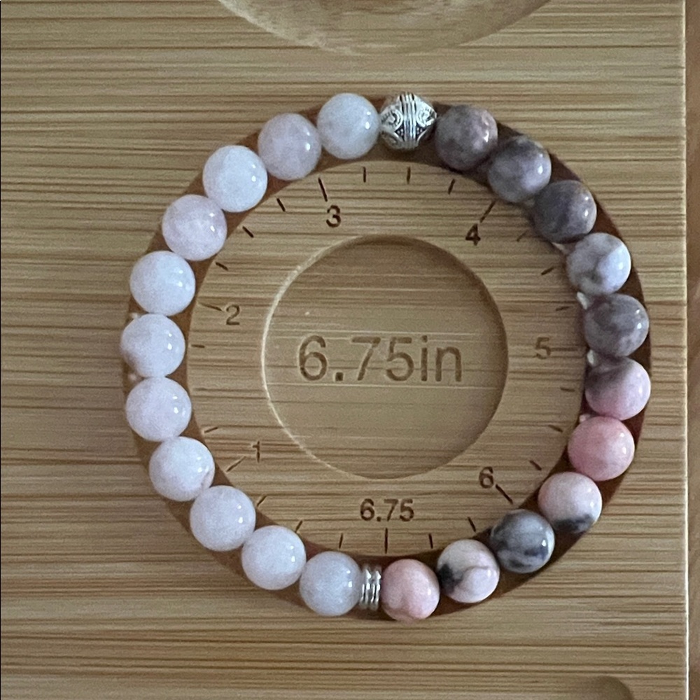 6.75” Elastic Gemstone Bracelet – Rose Quartz, Moss Agate Zebra Jasper Rhodonite